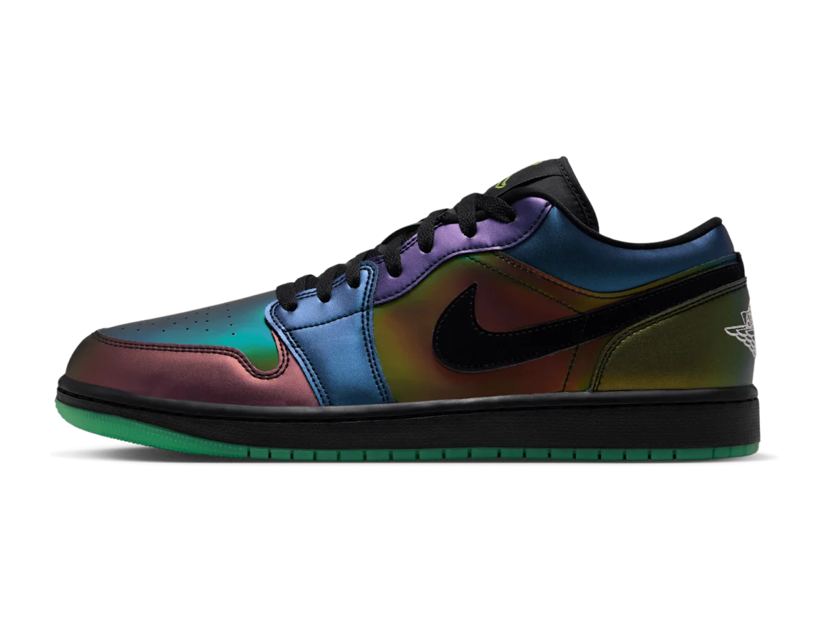 Air Jordan 1 Low SE Magic Ball, lateral side, iridescent bronze, teal and purple leather with a black Swoosh and green outsole