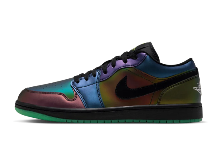 Air Jordan 1 Low SE Magic Ball, lateral side, iridescent bronze, teal and purple leather with a black Swoosh and green outsole