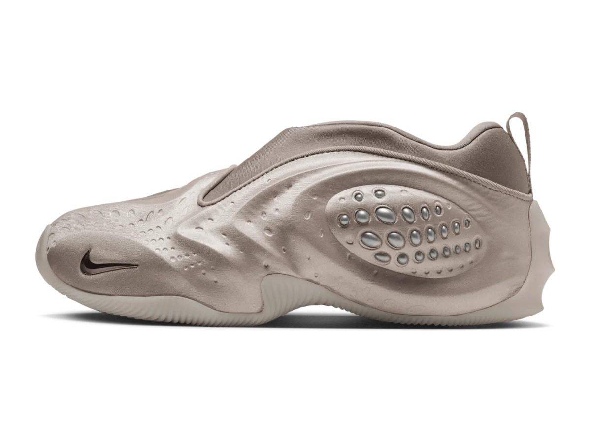 Women's Nike First Sight Shadow in Cream II and Enigma Stone, lateral side, rippled stone-grey upper with chrome bubble pods