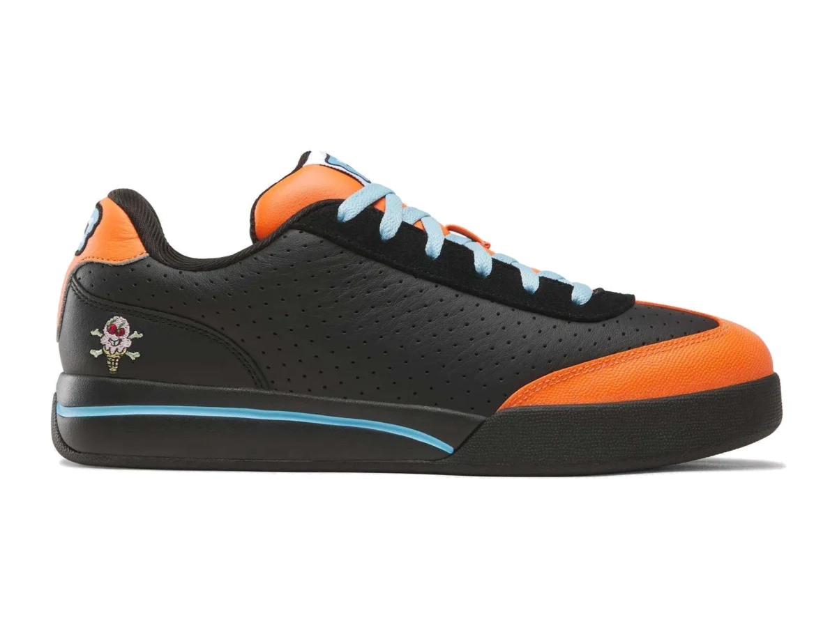 BBC ICECREAM x Reebok Board Flip Pumpkin, lateral side, black perforated upper, orange toe cap, light blue laces and midsole stripe