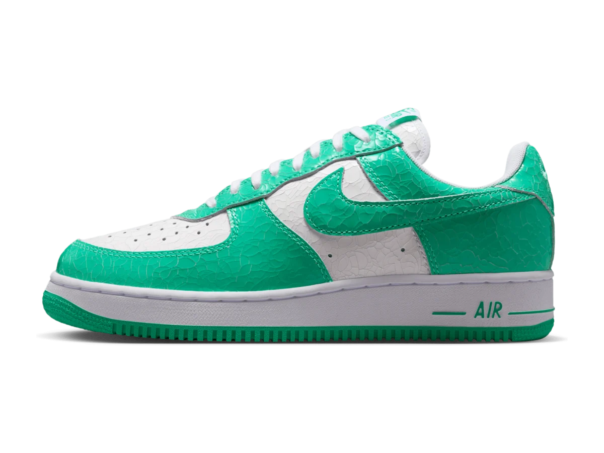 Nike Air Force 1 Low Menta and White, lateral side, white leather upper with crackled green Menta overlays and Swoosh, white midsole with green AIR logo