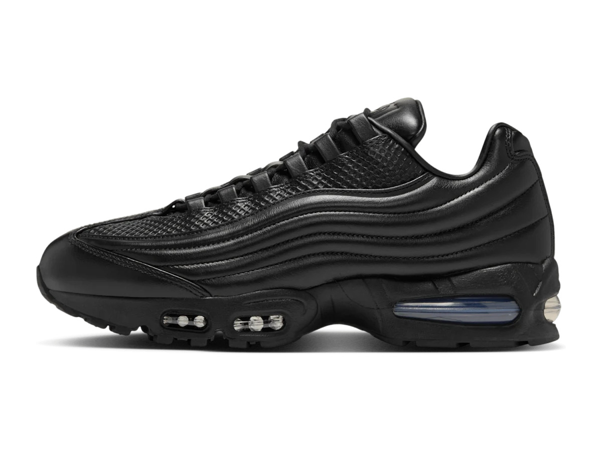 One Block Down x Nike Air Max 95 Big Bubble Lux, lateral side, rippled black leather upper with blue-tinted heel Air unit