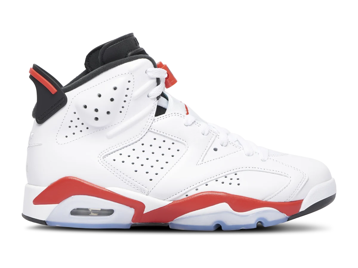 Air Jordan 6 White Infrared, side view, white leather upper with Infrared midsole, lace lock and heel tab, icy outsole