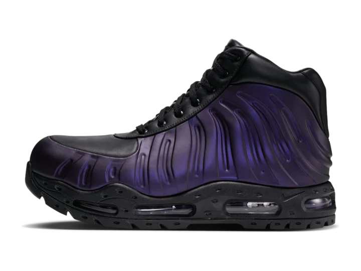 Nike Air Max Foamdome Electro Purple, lateral side, rippled purple moulded shell, black leather toe and collar, visible Air in a black lugged sole