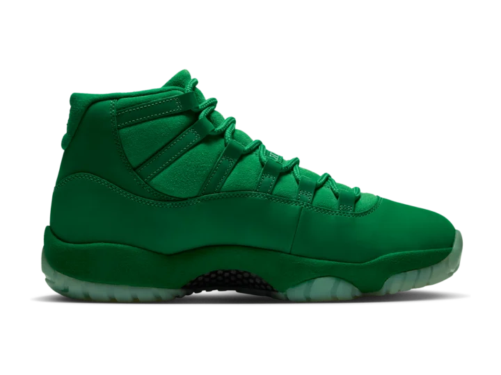Air Jordan 11 Green Screen, side profile, all-green suede upper and mudguard, green laces, translucent pale green outsole