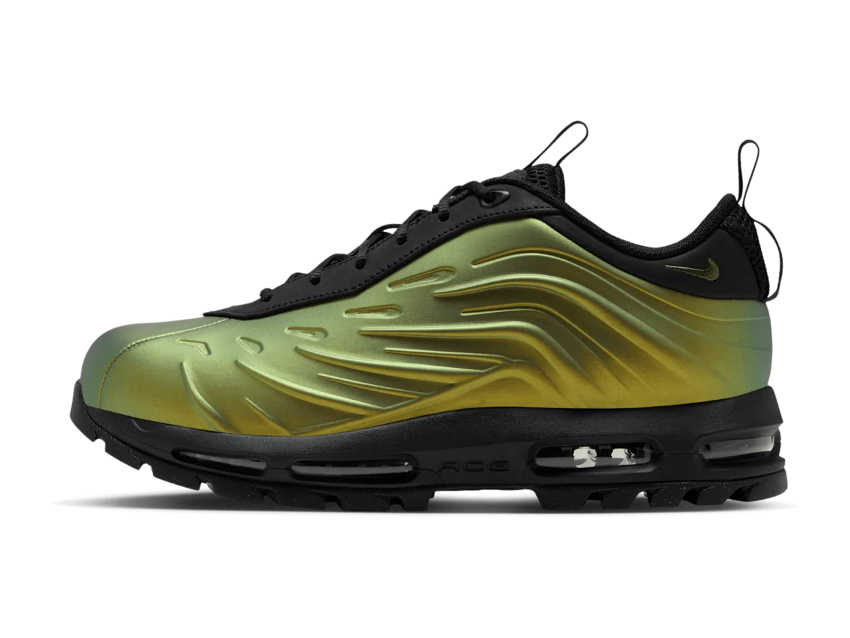 Nike Goadome Low Foam Metallic Gold, lateral side, gold Foamposite-style shell over a black leather upper on a black lugged sole