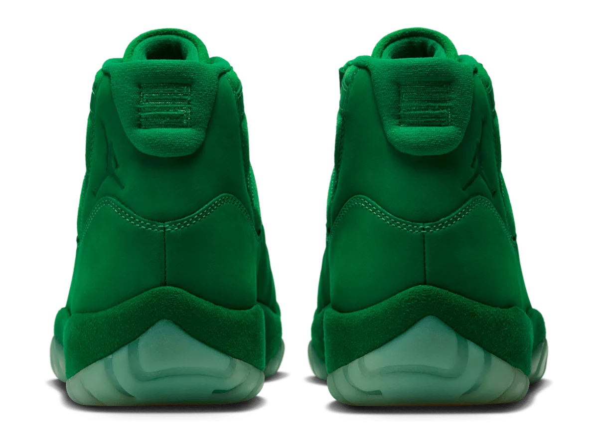 Air Jordan 11 Green Screen pair from behind, green suede heels over translucent green soles