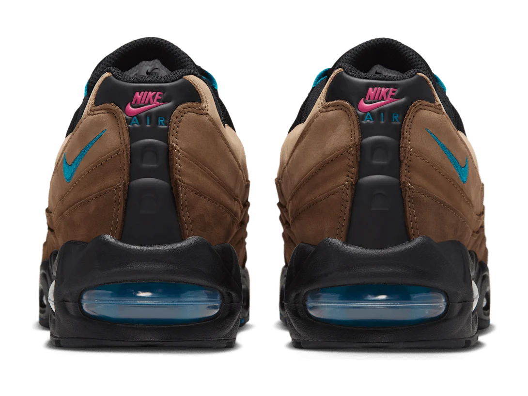 Nike Air Max 95 Big Bubble Cacao Wow, heel view with pink Nike Air branding and teal Air units