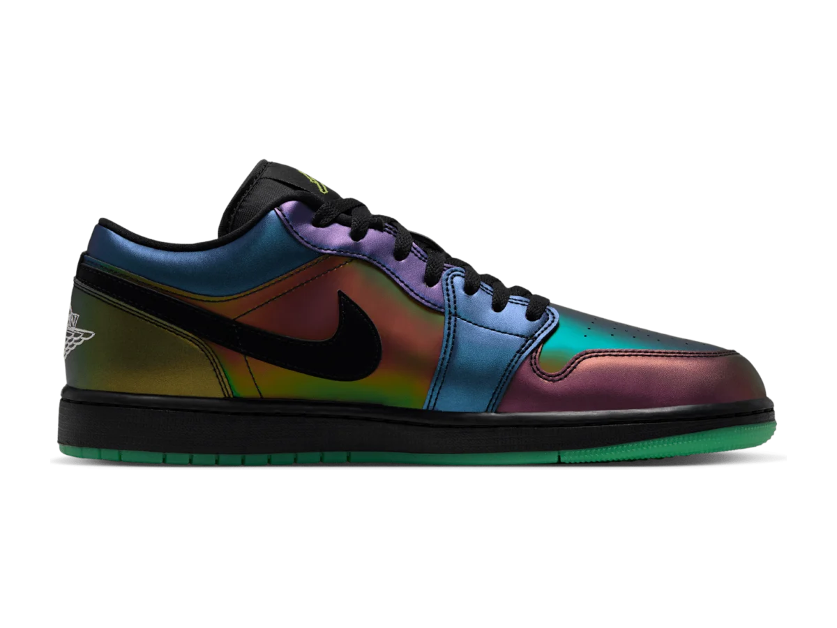 Air Jordan 1 Low SE Magic Ball, medial side, iridescent leather panels and black Swoosh