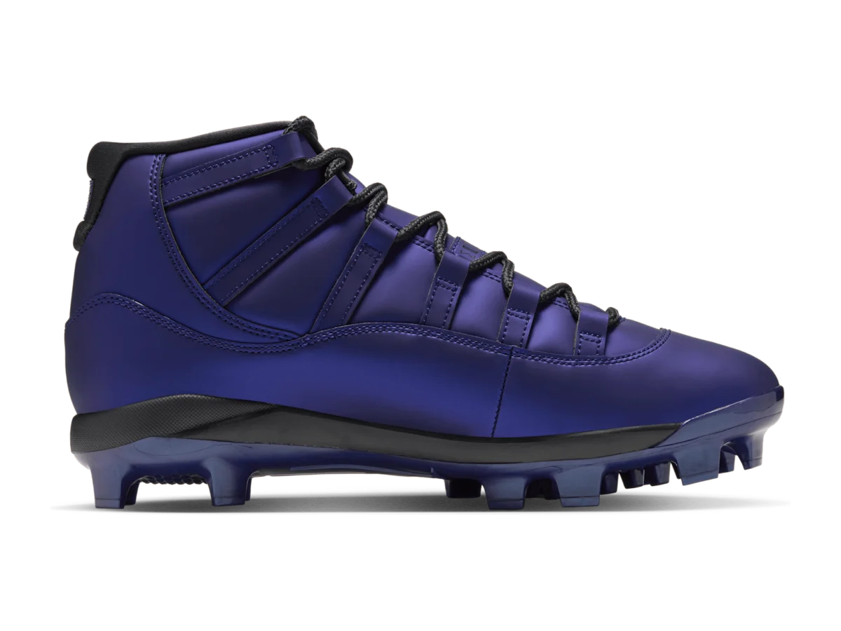 Jordan 11 MCS Space Jam cleat, medial side, lapis upper with black midsole