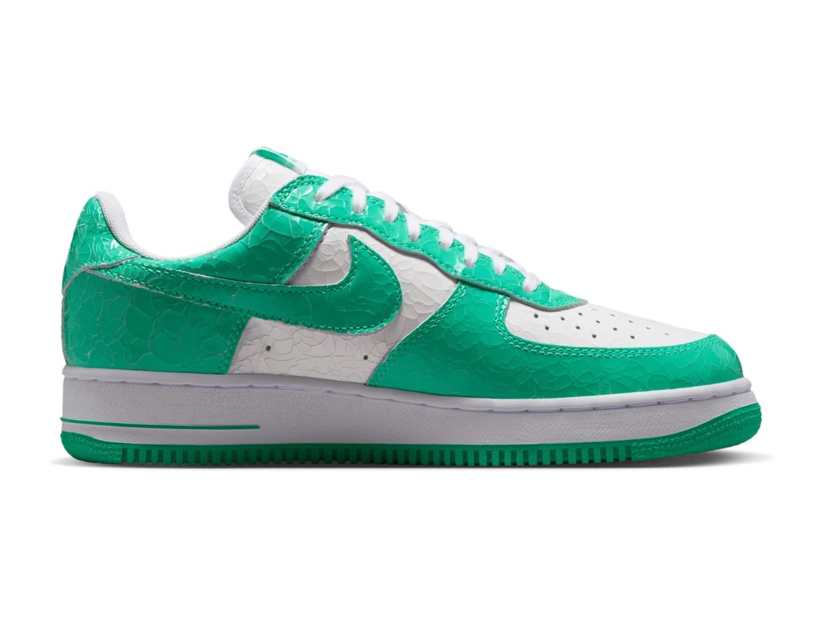 Nike Air Force 1 Low Menta and White, medial side, crackled green overlays and Swoosh on white leather
