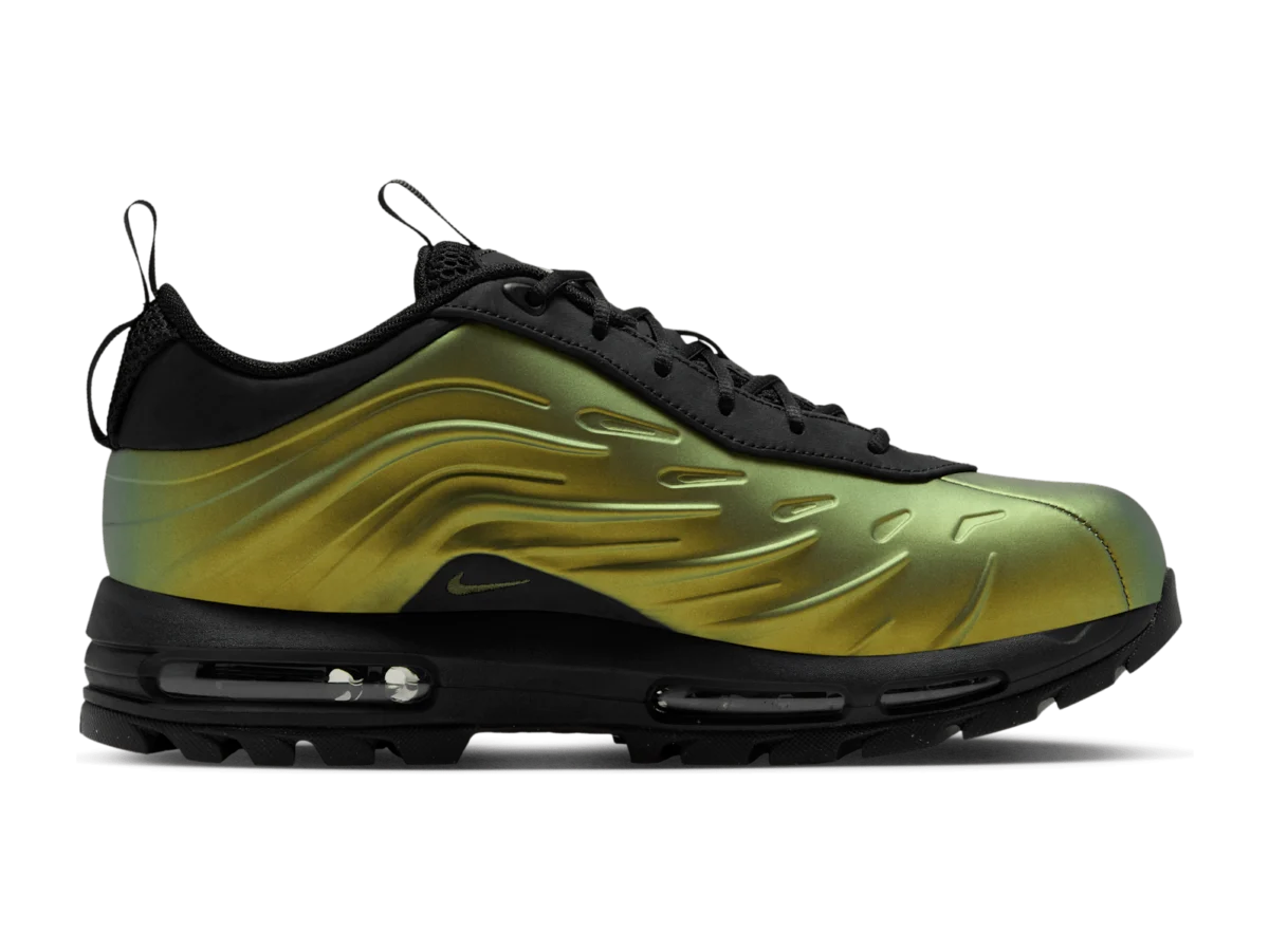 Nike Goadome Low Foam Metallic Gold, medial side, gold shell with black collar and visible Air unit