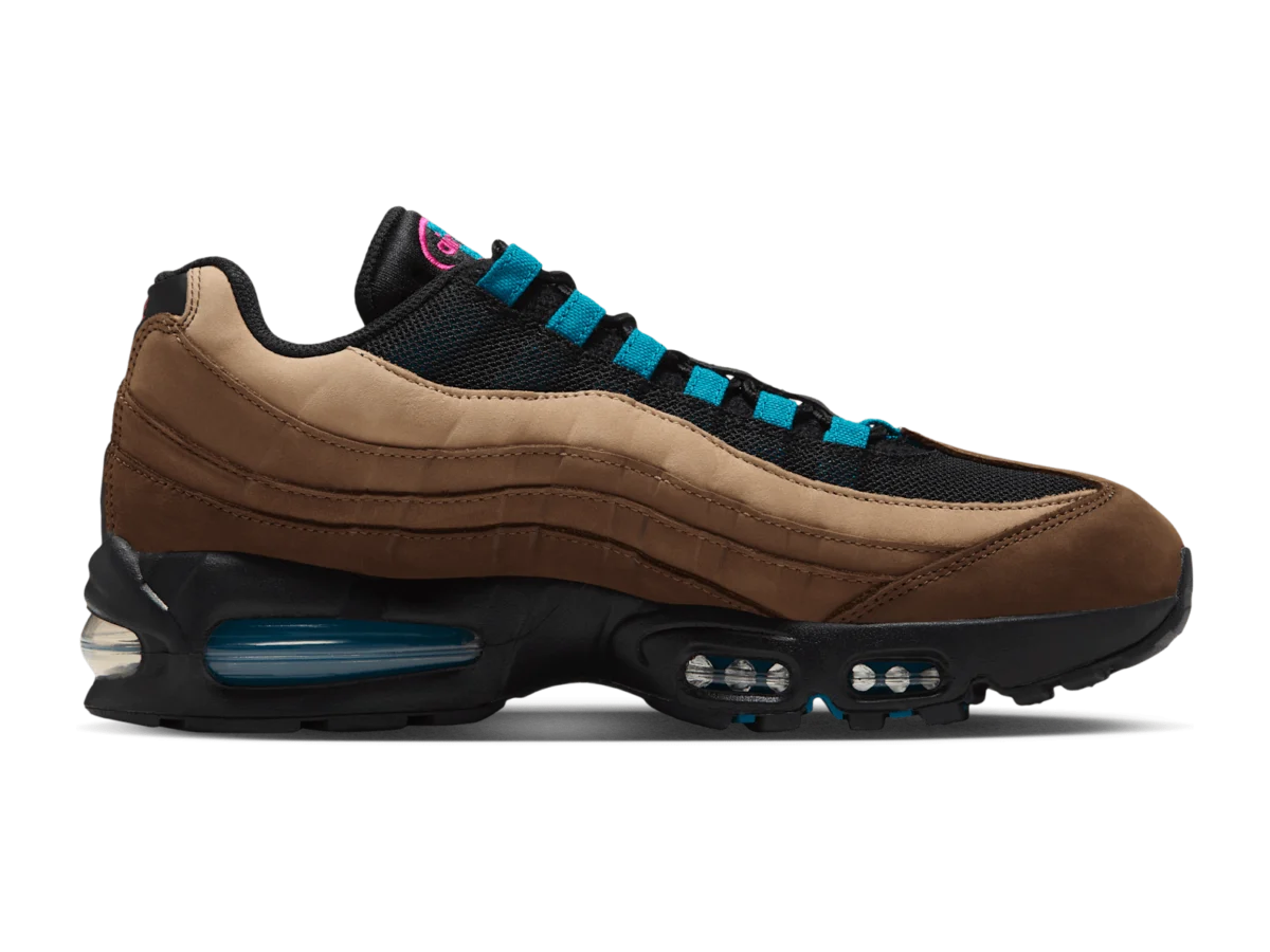 Nike Air Max 95 Big Bubble Cacao Wow, medial side, brown leather layers and teal heel Air