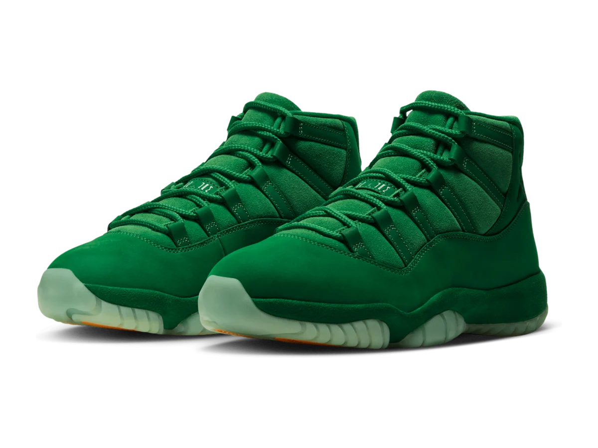 Air Jordan 11 Green Screen pair at a front angle, all-green suede with translucent outsoles