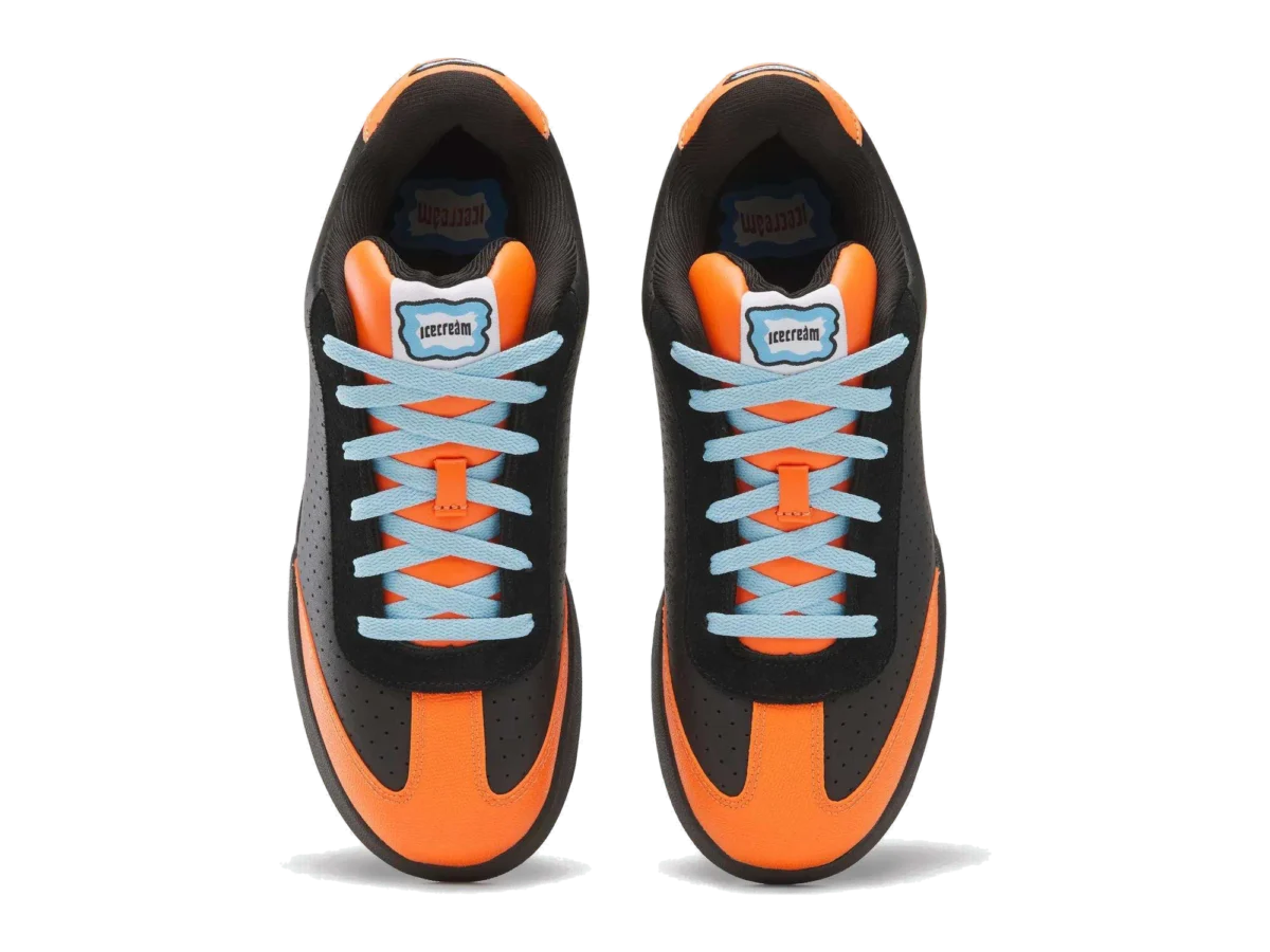 BBC ICECREAM x Reebok Board Flip Pumpkin pair from above, orange toe caps and ICECREAM tongue labels