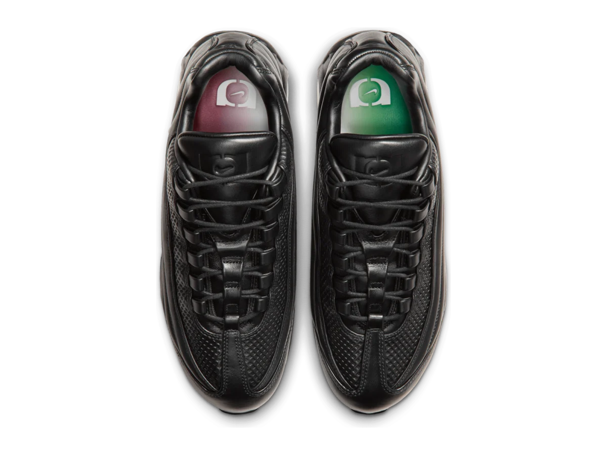 One Block Down Air Max 95 pair from above, one red and one green insole