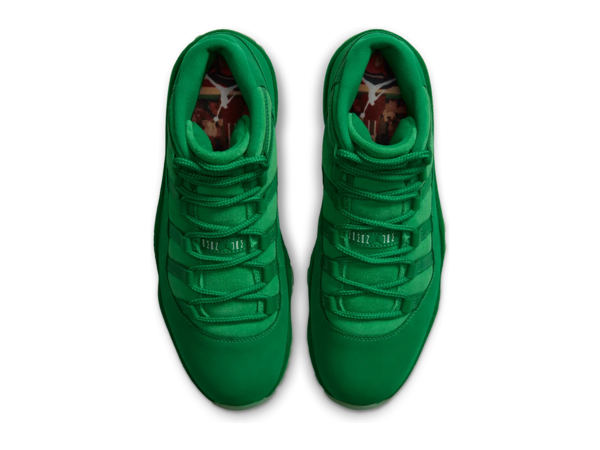 Air Jordan 11 Green Screen pair from above, green suede uppers and laces, printed graphic insoles
