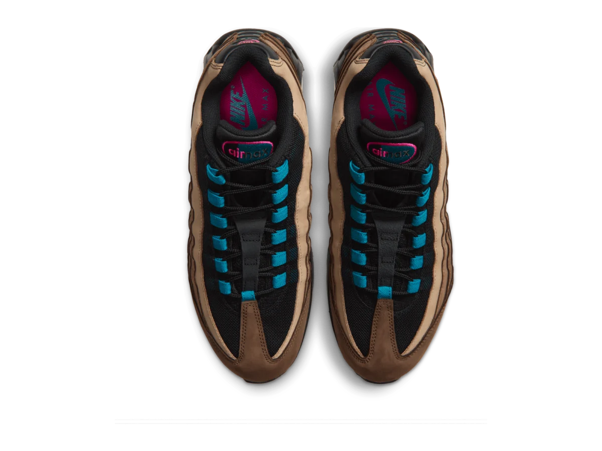 Nike Air Max 95 Big Bubble Cacao Wow, top view of the pair with teal lace loops and pink tongue logo